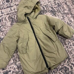 Kids Olive Green Fleece-lined Hooded Puffer Jacket
